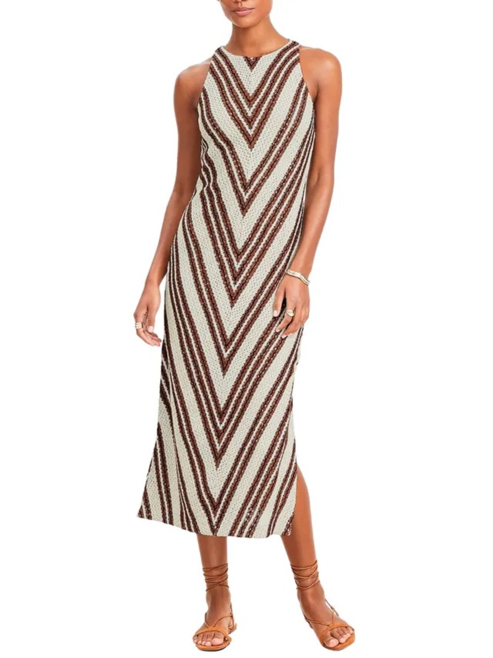 LOFT Chevron Crochet Midi Dress in Cream and Brown
